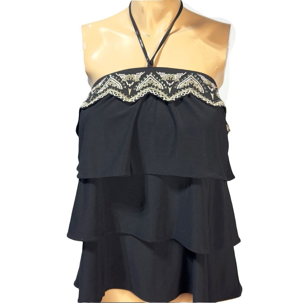 White House Black Market WHBM Black Ruffle Tube Top Embroidered Beaded S NWT